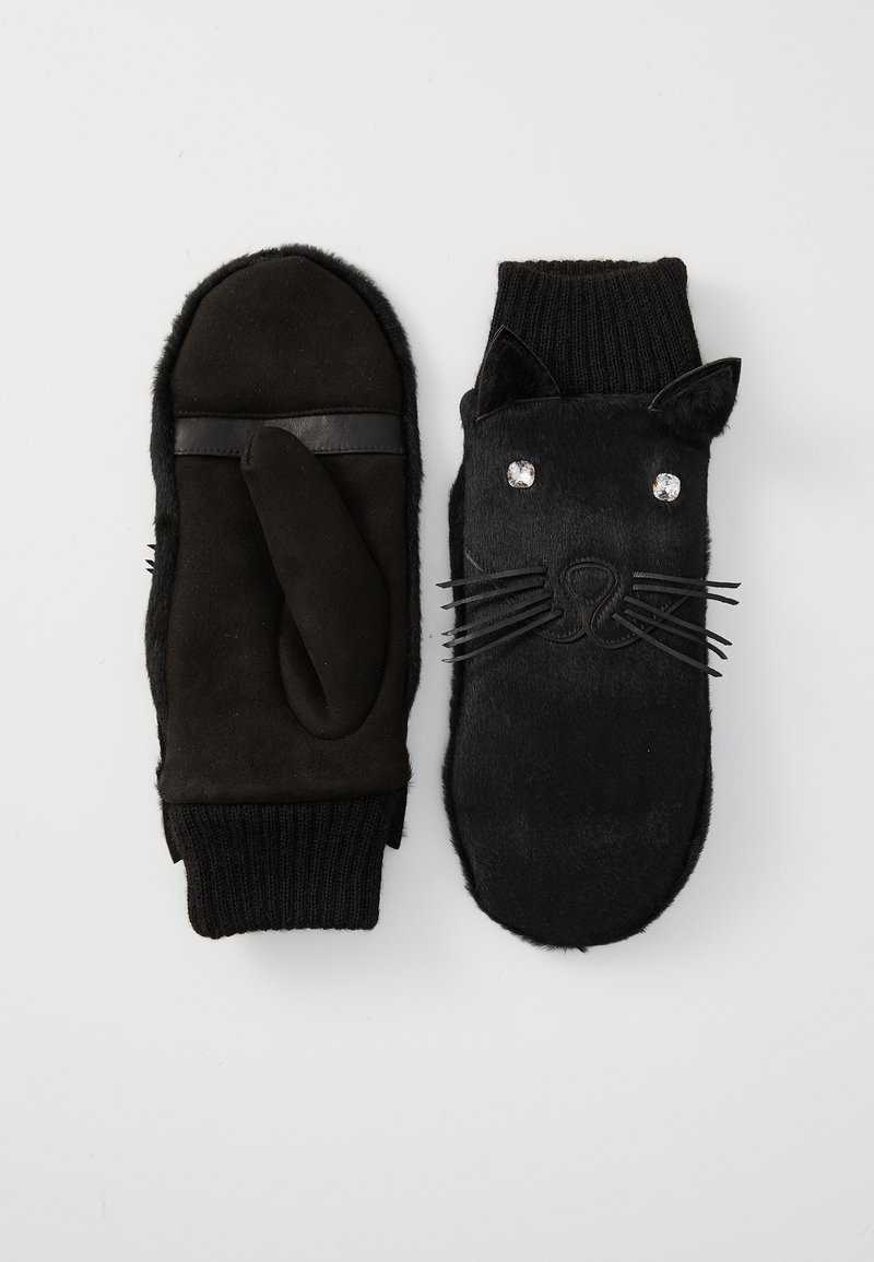 Manoplas negras con diseño de gato; exterior suave con textura, orejas y bigotes. Incluyen un puño de punto y una pata acentuada en una mano.