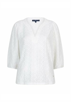 Witte katoenen blouse met ajour kantpatroon, V-hals en driekwart pofmouwen, maat small, merk Red Button.