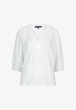 Witte katoenen blouse met ajour kantpatroon, V-hals en driekwart pofmouwen, maat small, merk Red Button.