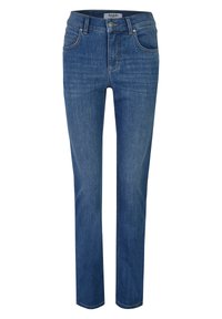 Mörkblå jeans med raka ben, tillverkade av denim, med femficksdesign och dragkedja samt knappstängning.