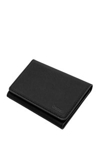 Black leather wallet with a textured finish, featuring a fold-over design and embossed logo on the front. Compact and rectangular shape.