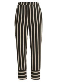 Pantalon rayé noir et beige avec une taille haute et des jambes fuselées. Présente des rayures verticales et une texture de tissu lisse.