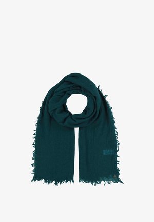 Teal, lightweight scarf with fringed edges, featuring a soft texture and a subtle sheen. Includes a small decorative tag on one side.