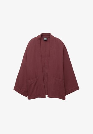 Burgundský kimono stylu sako vyrobené z texturované tkaniny, s rukávy do tří čtvrtin a dvěma předními kapsami. Otevřený design.