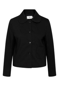 Czarna krótka kurtka z długim rękawem, okrągłym kołnierzem, czterema przyciskami z przodu i jedną kieszenią po lewej stronie.