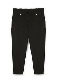 Pantaloni in denim neri con taglio dritto, due tasche anteriori e chiusura con bottone. Il tessuto appare liscio con una leggera elasticità.