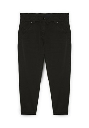 Pantalones de mezclilla negros con corte recto, dos bolsillos frontales y cierre con botón. La tela parece suave con un ligero estiramiento.