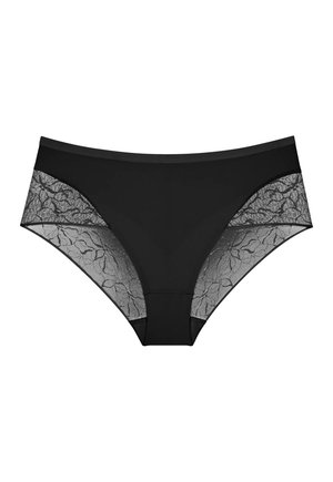 Μαύρα γυναικεία εσώρουχα με πλαϊνά πάνελ από δαντέλα με λουλούδια και λείο ύφασμα μπροστά και πίσω, απλωμένα σε λευκό φόντο.