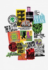 Kolorowa kolekcja naklejek z różnorodnymi wzorami, zawierająca teksty i grafiki, w tym motywy zwierząt, logo oraz żywe wzory.