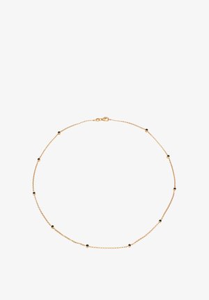 Colier cu un finisaj de aur, având o lanț delicat, cu accente din pietre semiprețioase negre dispuse uniform. Închidere cu carabină.