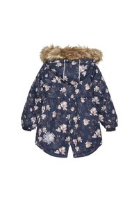 Giacca parka blu navy con motivo floreale, con bordo in pelliccia sintetica sul cappuccio, polsini elastici e un dettaglio floreale sulla parte inferiore.
