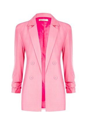 Blazer doppiopetto rosa con rever a lancia e maniche lunghe, caratterizzato da quattro bottoni coordinati e una fodera interna liscia.
