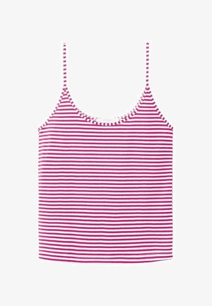Canotta senza maniche a righe orizzontali rosa e bianco con sottili spalline e scollatura a U.