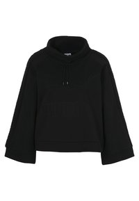 Black sweatshirt with a high neck, featuring textured sleeves, a logo design in the center, and a relaxed fit with wide cuffs.