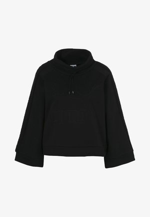 Black sweatshirt with a high neck, featuring textured sleeves, a logo design in the center, and a relaxed fit with wide cuffs.