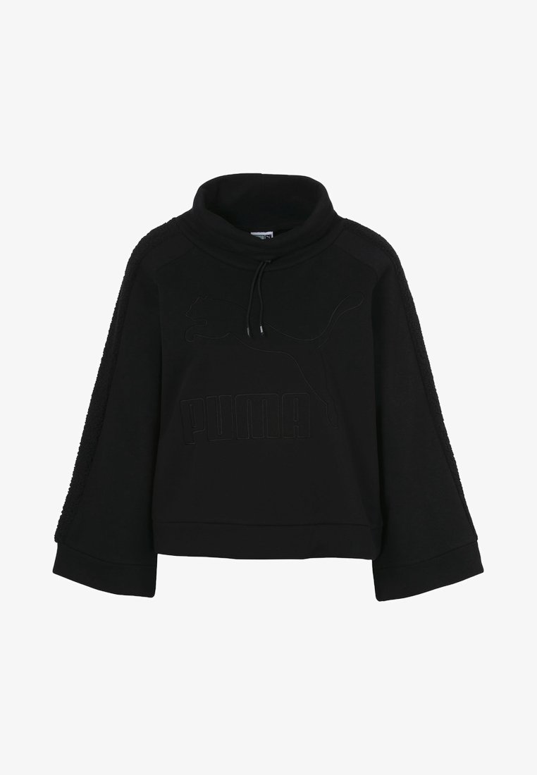Black sweatshirt with a high neck, featuring textured sleeves, a logo design in the center, and a relaxed fit with wide cuffs.