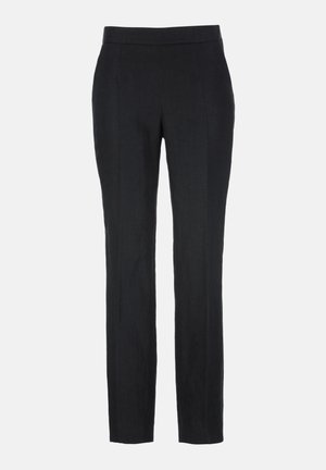 Schwarze, maßgeschneiderte Slim-Fit-Hose mit flacher Vorderseite und geraden Beinen, präsentiert vor einfachem hellem Hintergrund.