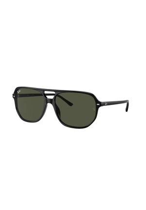 Occhiali da sole neri a forma rettangolare con lenti verde scuro e montatura in plastica liscia. Presentano un design a doppio ponte e un branding discreto sulle astine.