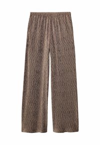 Bruine wijde broek gemaakt van gestructureerde stof met verticale strepen. Voorzien van een elastische tailleband voor comfort.