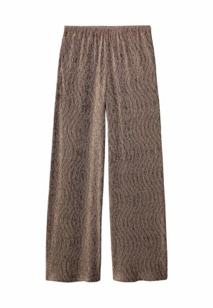 Pantalon large marron en tissu texturé avec des rayures verticales. Dispose d'une taille élastique pour plus de confort.