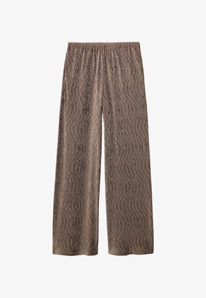 Pantalon large marron en tissu texturé avec des rayures verticales. Dispose d'une taille élastique pour plus de confort.