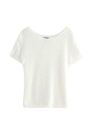 Top bianco a maniche corte realizzato in tessuto testurizzato, con una ampia scollatura a barca e una vestibilità rilassata, che presenta una finitura liscia.