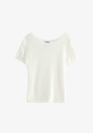 Top bianco a maniche corte realizzato in tessuto testurizzato, con una ampia scollatura a barca e una vestibilità rilassata, che presenta una finitura liscia.