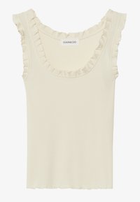 Kremfarget ribbestrikket tank top med rynkede kanter rundt halsen og armhullene, med en rett bunnsøm. Merkeetikett synlig på innsiden.