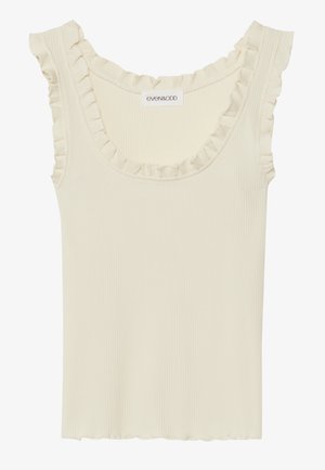 Débardeur crème en maille côtelée avec des bords froncés autour de l'encolure et des emmanchures, et un ourlet droit en bas. Étiquette de marque visible à l'intérieur.