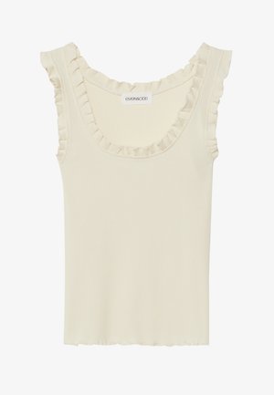 Débardeur crème en maille côtelée avec des bords froncés autour de l'encolure et des emmanchures, et un ourlet droit en bas. Étiquette de marque visible à l'intérieur.