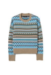 Maglione lavorato a maglia con motivo fair isle in blu, beige e marrone. Presenta una scollatura rotonda e polsini e orlo a coste. Tessuto morbido.