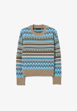 Pull en maille avec un motif jacquard bleu, beige et marron. Présente un col rond ainsi que des poignets et un ourlet côtelés. Texture douce.