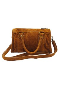 Sac à main en daim de couleur marron chaud avec un design structuré. Dispose de poignées courtes, d'une bandoulière amovible et d'accents en métal.