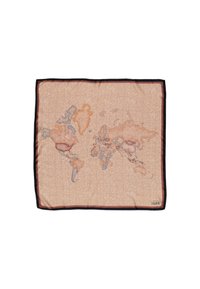 Foulard con mappa del mondo in morbido tessuto, beige con aree più chiare; presenta paesi dettagliati in colori tenui; bordato di rosso scuro.