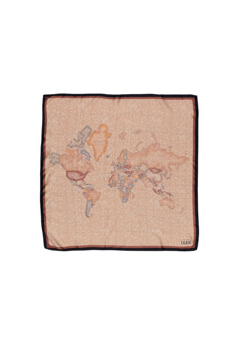 Foulard con mappa del mondo in morbido tessuto, beige con aree più chiare; presenta paesi dettagliati in colori tenui; bordato di rosso scuro.