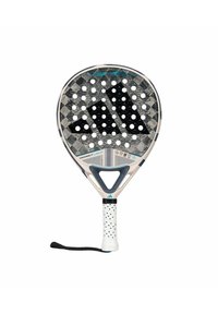 Pala de pádel con cabeza redonda, superficie de fibra de carbono, patrón geométrico en negro y gris, acentos en turquesa y un mango blanco texturizado.