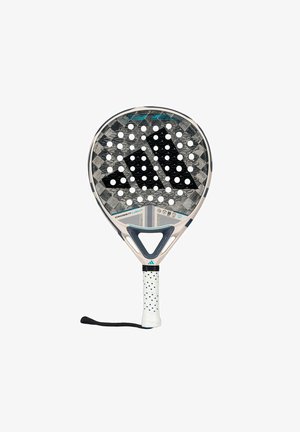 Paddle racket met een ronde kop, carbon fiber oppervlak, zwart en grijs geometrisch patroon, turquoise accenten, en een witte textuur grip.