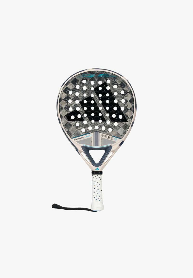 Paddle racket with a round head, carbon fiber surface, black and gray geometric pattern, turquoise accents, and a white textured grip.