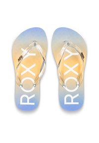 Flip-flops med en gradientdesign i blått till orange, klara plasthandtag och stor vit "ROXY"-logotyp på fotbädden.