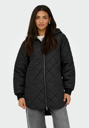 Black quilted long jacket with a hood, front zipper, and elastic cuffs. Features a smooth texture and geometric diamond pattern.