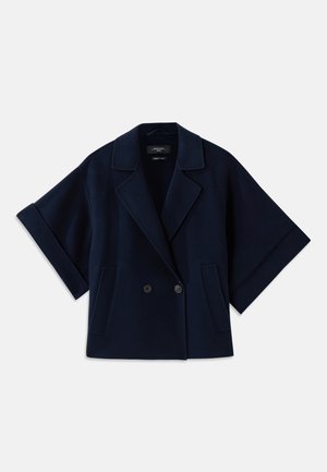 Navy blue wool blend jacket with a shawl collar, double-breasted button closure, short sleeves, and two front pockets.