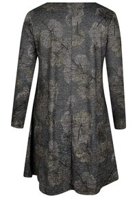 Langärmeliges Kleid aus grauem Stoff mit strukturierter Oberfläche, das ein Blumendesign in Beige und Schwarz aufweist, mit einer ausgestellten Silhouette.