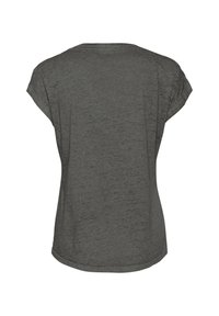 T-shirt à manches courtes gris foncé avec une coupe décontractée, un col rond et un ourlet légèrement incurvé. Tissu doux et texturé avec un motif subtil.