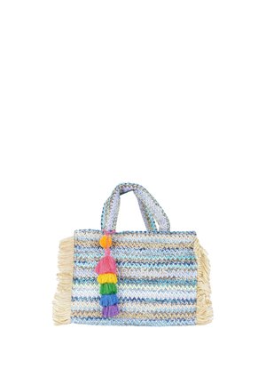 Borsa intrecciata a righe con manici corti, lati con frange e portachiavi con nappine colorate in rosa, arancione, giallo, verde, blu e viola.