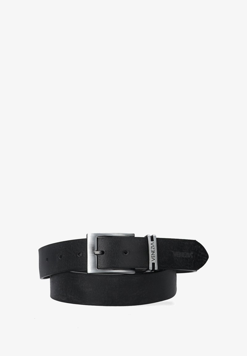 Black leather belt with a brushed silver buckle, featuring a classic design, smooth texture, and VENEZIA branding on the strap.