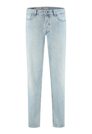 Jeans slim fit azzurri chiari con cinque tasche, chiusura frontale con bottoni e cerniera, mostrati su sfondo bianco.