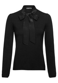 Svart långärmad skjorta med en figurnära silhuett, rund krage och en satinfluga vid halsen. Mjuk, slät tyg utan mönster.