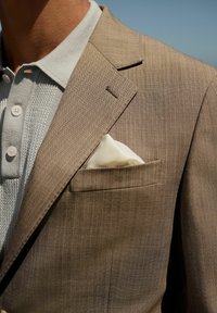 Giacca di suit in tessuto gessato marrone con una tasca sul petto contenente un fazzoletto bianco. Camicia color grigio chiaro con colletto sotto.