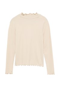 Lichtbeige langermige top met een ribbeltextuur, voorzien van een hoge ruchesachtig halslijn en golvende zomen. Zacht en aansluitend ontwerp.