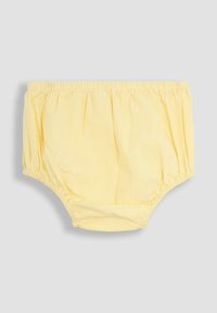 Blassgelbe Baumwoll-Bloomers mit weißen vertikalen Streifen, elastischem Bund und Beinöffnungen, mit einer weichen, strukturierten Oberfläche.